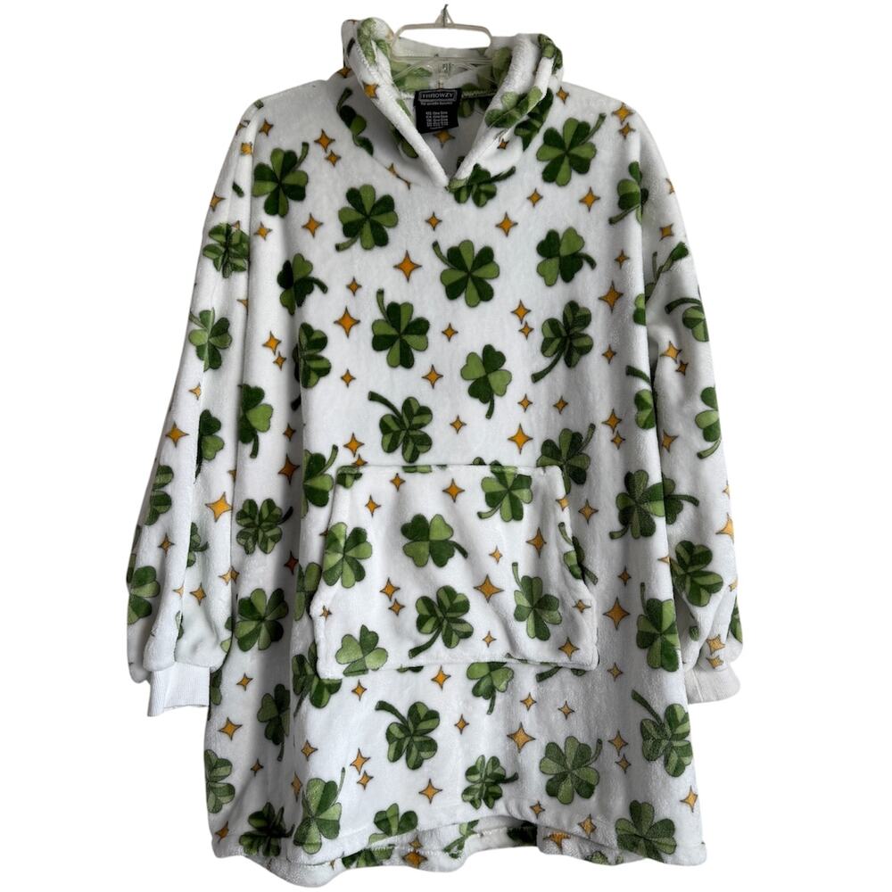 Throwzy By Marlo Lorenzo Oversized Wearable Poncho White Shamrock Hoodie Blanket